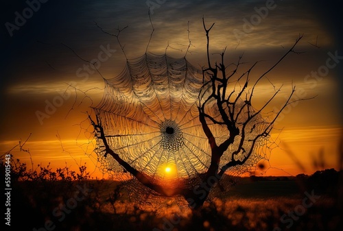 illustration of beautiful spider web against sunset or sunlight in nature landscape