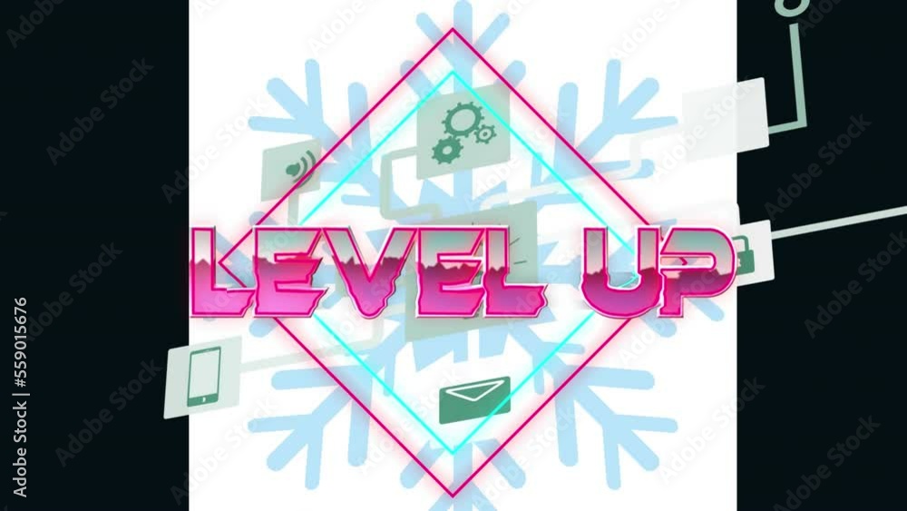 Animation of level up text over media icons and snowflake Animation of level up text over media icons and snowflake
