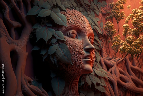 illustration of a ancient architecture laterite wall with stone carving into woman face surround by plant vine and tree roots photo