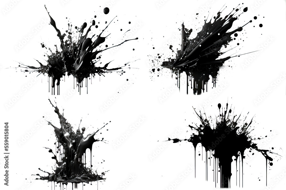 4 Ink paint splash brushes. Black inked splatter paint splattered spray splash. Spray paint isolated on White Background. Drips black ink splatters, Ink blots set. 4 Ink paint splash brushes. Black inked splatter paint splattered spray splash. Spray paint isolated on White Background. Drips black ink splatters, Ink blots set.