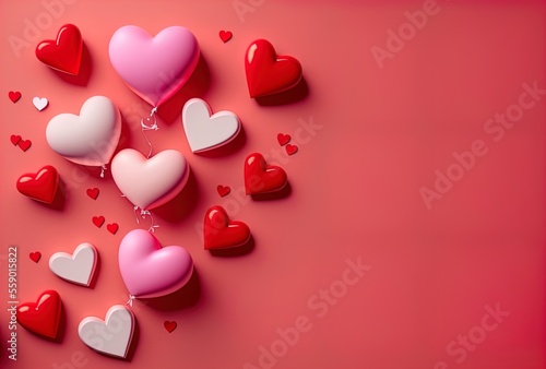 Valentine's day background with red and pink hearts. Generative AI.