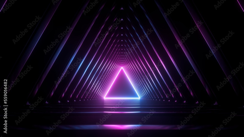 Fototapeta premium 3d render, abstract background with neon triangle at the end of the virtual geometric tunnel