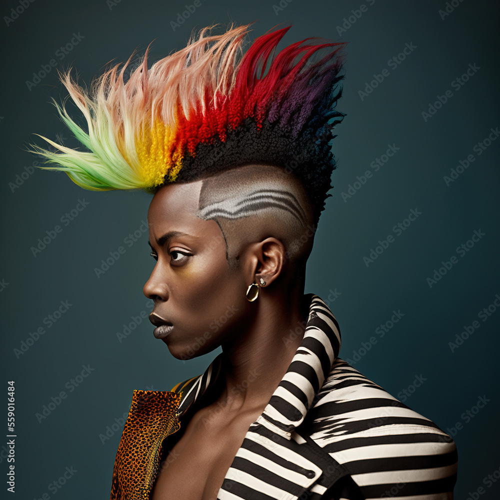 Portrait of a black person wearing a colorful mohawk. Generative AI. Stock  Photo | Adobe Stock