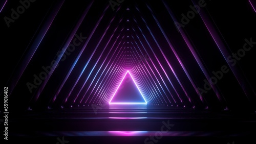 Fototapeta Naklejka Na Ścianę i Meble -  3d render, abstract background with neon triangle at the end of the virtual geometric tunnel