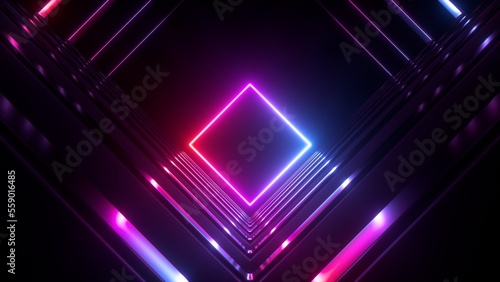Fototapeta Naklejka Na Ścianę i Meble -  3d render, abstract geometric neon background with glowing square frame. Laser rhombus shape inside the dark tunnel
