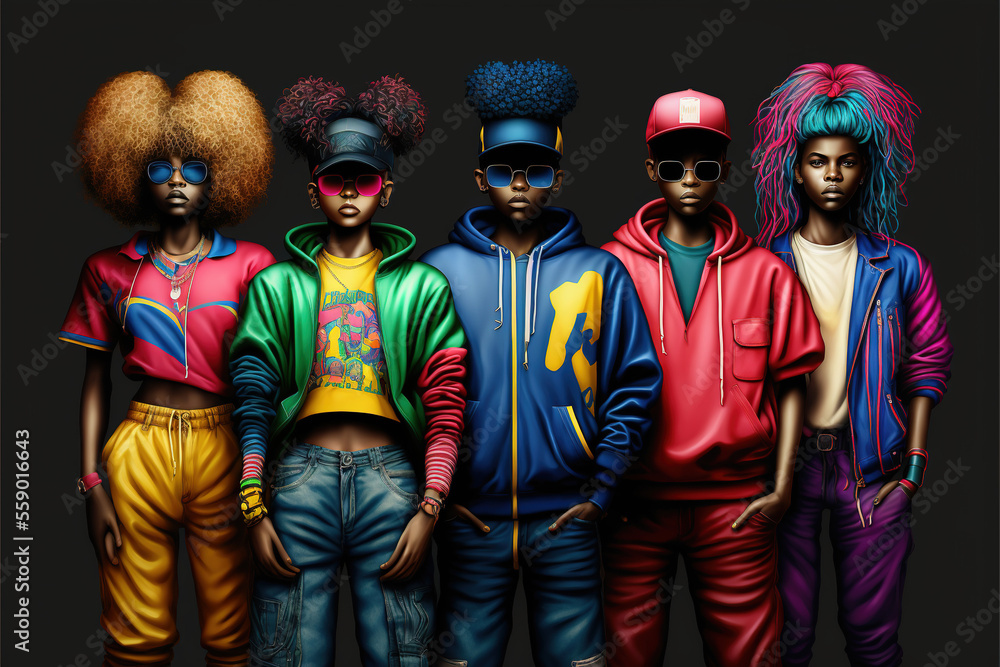 Group of cool 80's young black people, colorful hip hop clothes and hairstyle, on black background. Generative AI. - obrazy, fototapety, plakaty 