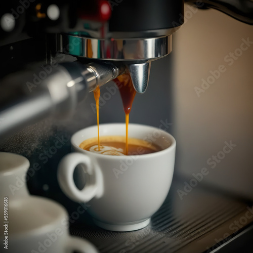 Coffee pouring from an espresso machine, in a white cup, close-up. Professional barista equipment.