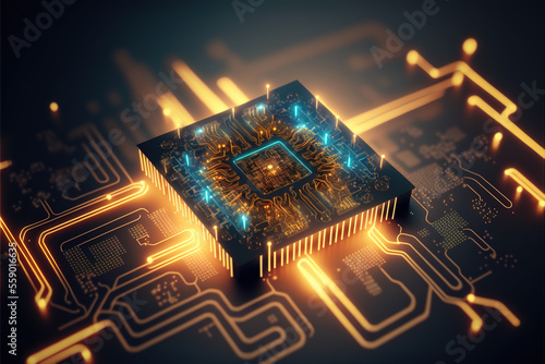 Microprocessor, 3D digital illustration. Interconnection, network, quantum computers, binary, processing.