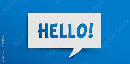 Hello salutation or greeting word to welcome someone or initiate a conversation. Design with letters cut out in paper speech bubble over blue background. Communication concept, introduction.