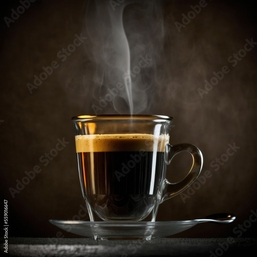 Steamy hot espresso transparent glass cup, on a black background. Close-up, side shot.