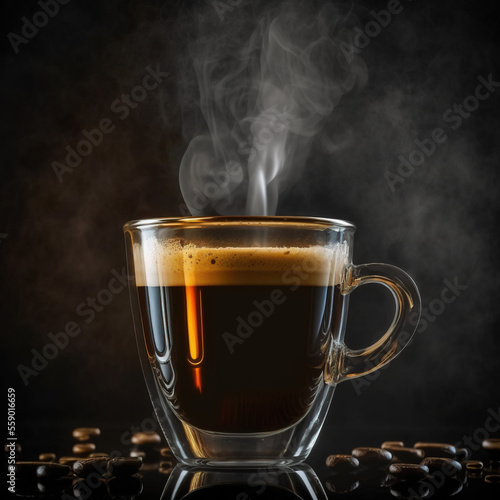 Steamy hot espresso transparent glass cup, on a black background. Coffee beans on the table. Close-up, side shot.
