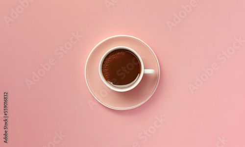 Cup of espresso on a pink background, top view, copy space.