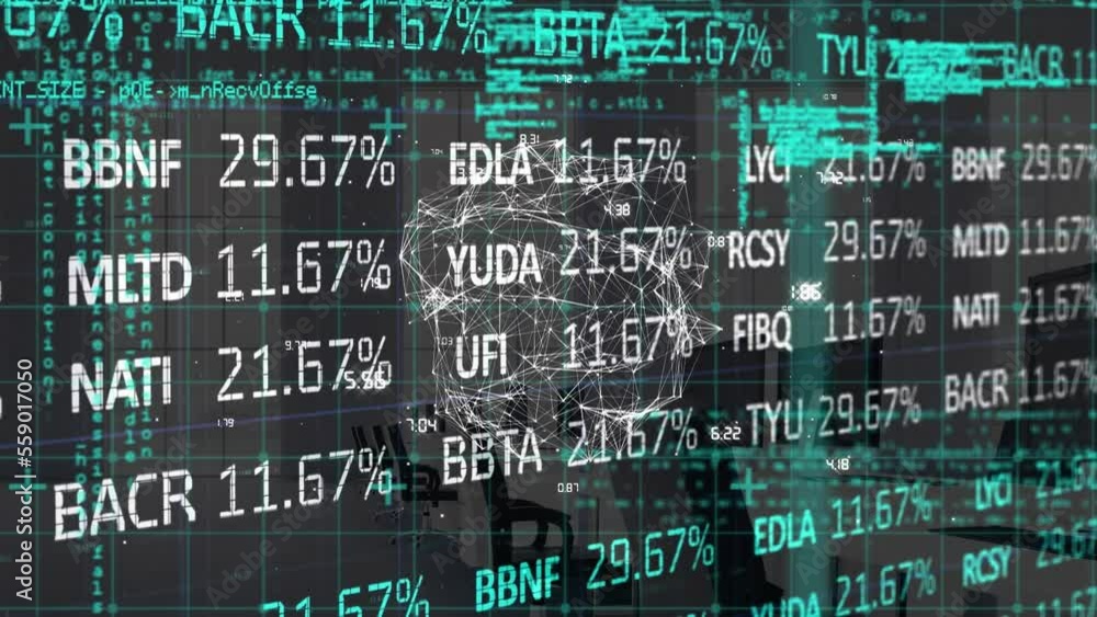 Animation of globe with connections and financial data processing Animation of globe with connections and financial data processing