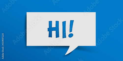 Hello salutation or greeting word to welcome someone or initiate a conversation. Design with letters cut out in paper speech bubble over blue background. Communication concept, introduction.