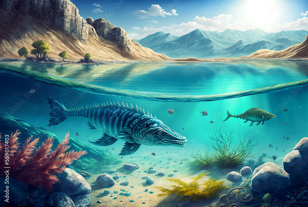 Illustration of prehistoric underwater extinct creatures, antediluvian ...