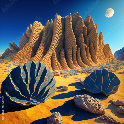 Illustration of prehistoric desert landscape, antediluvian ecosystem photo