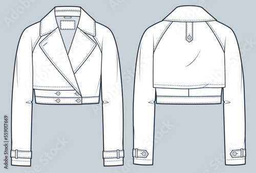Cropped Trench Coat technical fashion Illustration. Raglan Sleeve Jacket fashion flat technical drawing template, front and back view, white, women, men, unisex CAD mockup. photo