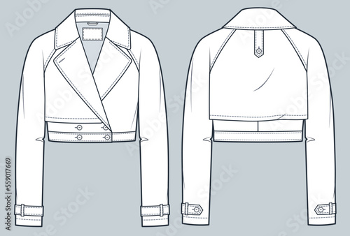Cropped Trench Coat technical fashion Illustration. Raglan Sleeve Jacket fashion flat technical drawing template, front and back view, white, women, men, unisex CAD mockup.