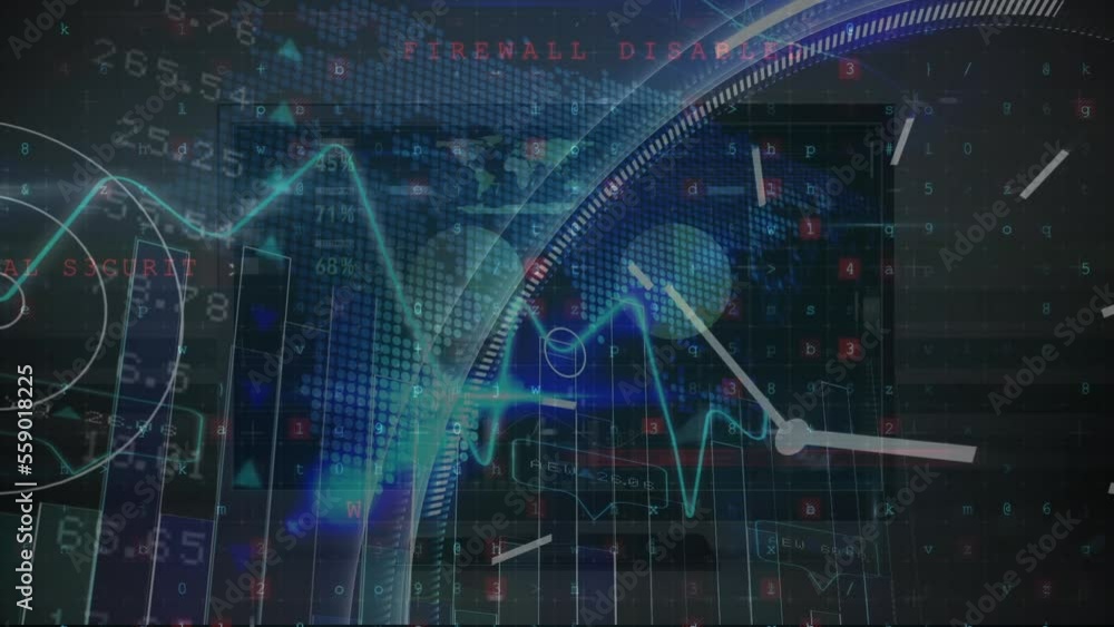 Animation of multiple graphs, lens flares over digital clock, map, texts, numbers and letters Animation of multiple graphs, lens flares over digital clock, map, texts, numbers and letters