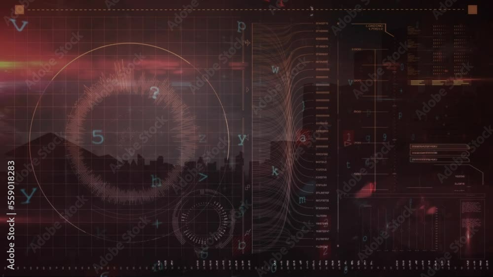 Animation of abstract pattern in circle with multiple texts and alphabets and loading bars Animation of abstract pattern in circle with multiple texts and alphabets and loading bars