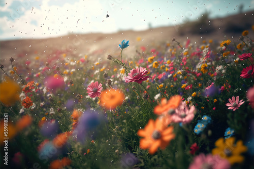 close-up of a beautiful field of flowers with flying pollen photo