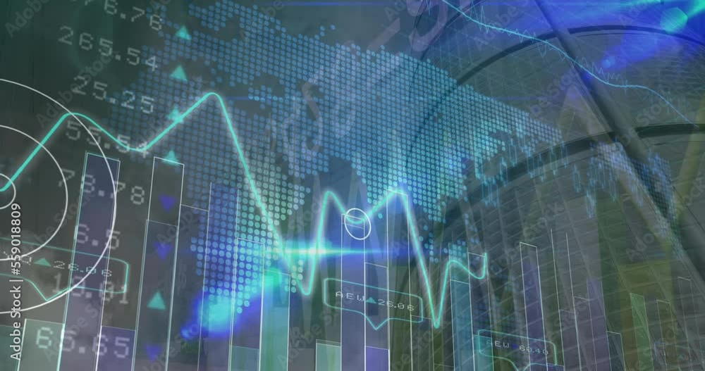 Animation of data processing and world map over cityscape Animation of data processing and world map over cityscape