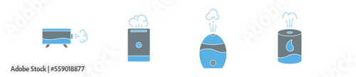 Humidity device icon set, humidifier tool concept, air purifier tool flat style vector icons, liquid room refresher emblems, optimal mist conditioner symbols isolated on white background