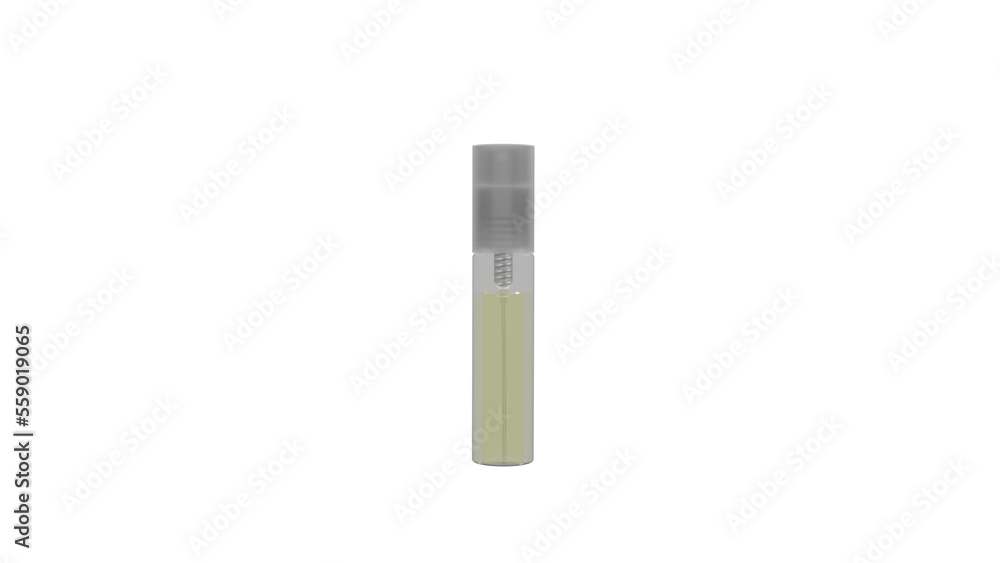 Small plastic transparent bottle for perfume with liquid isolated on transparent background. Cosmetic concept. 3D render Small plastic transparent bottle for perfume with liquid isolated on transparent background. Cosmetic concept. 3D render