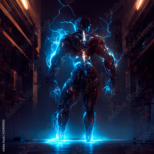 Modernized cyborg. Man in a robotic exoskeleton. New weapon. High quality illustration © NeuroSky