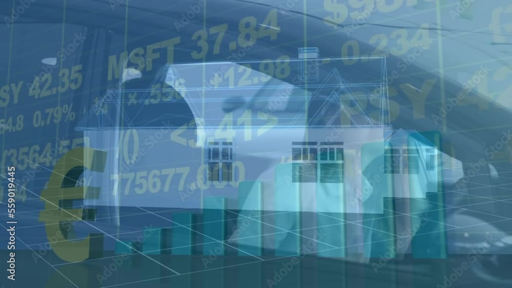 Animation of data processing over house and caucasian woman in car Animation of data processing over house and caucasian woman in car