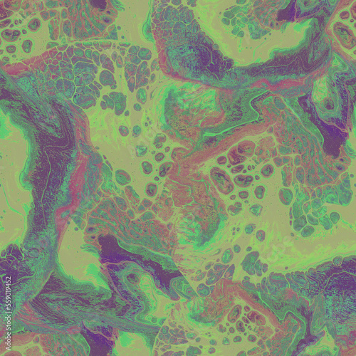 Mystical metaverse green seamless pattern in liquid art style. Perfect for fashion cover design, home textile, package, bedding, wallpaper, posters, postcards, advertising, holiday invitations.