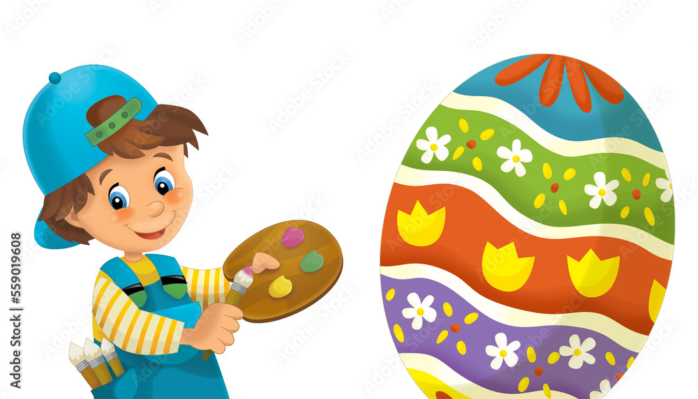 cartoon happy easter scene with colorful easter egg and little boy painting isolated illustration for children