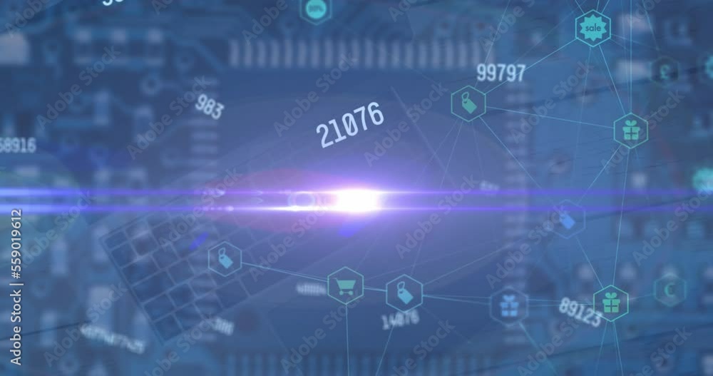 Animation of data processing and icons over computing board Animation of data processing and icons over computing board
