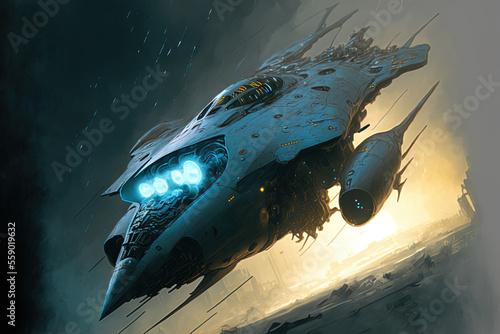 Alien spaceship flying space fighter military UFO Spaceship with Blue Engine Glow.  Alien invasion concept. Generative ai