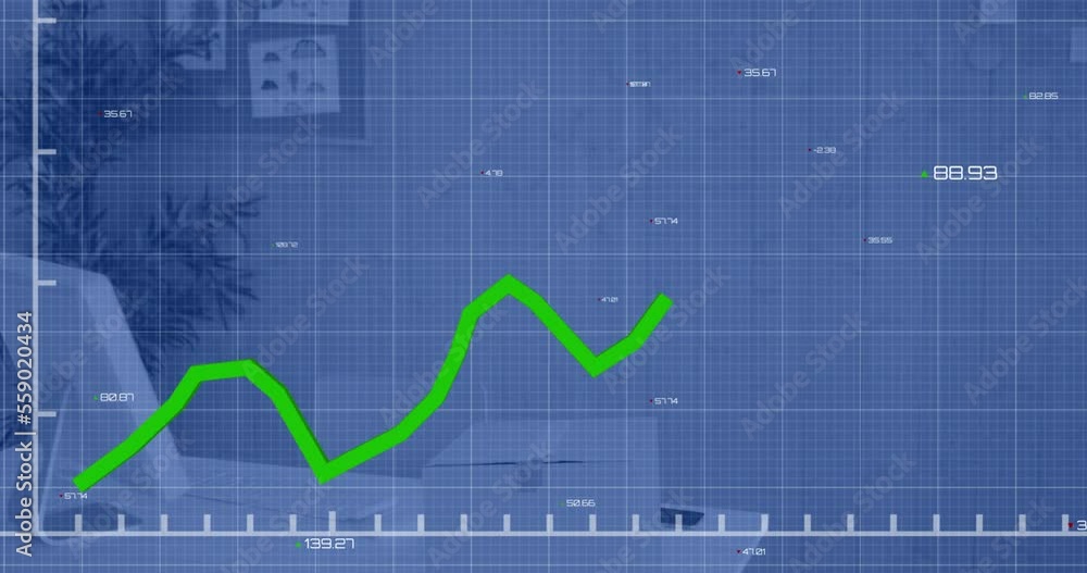 Animation of line graph showing growth and numbers moving over empty desk at office Animation of line graph showing growth and numbers moving over empty desk at office