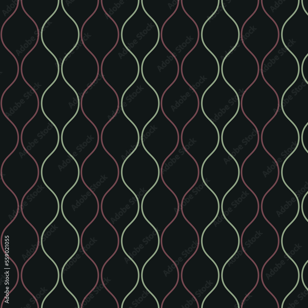 Fototapeta premium Textiles in the style of the 70s, 80s. Colored waves on dark. fence pattern