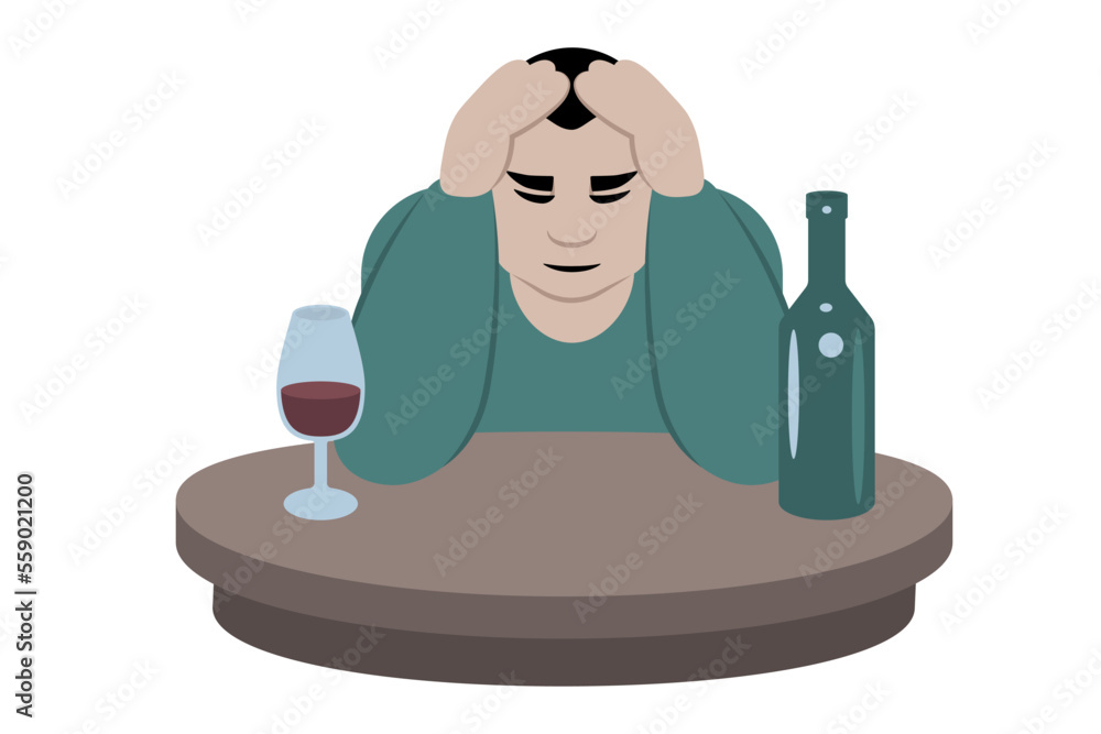 Drunk man with a bottle and a glass sitting at a round table holding head with hands. Abstract simple vector illustration. Alcoholism. Drunk man with a bottle and a glass sitting at a round table holding head with hands. Abstract simple vector illustration. Alcoholism.