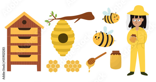 Bee and honey elements set. Beekeeper girl holding a jar with honey, hive, pollen, and other farm objects in cartoon style collection. Vector illustration