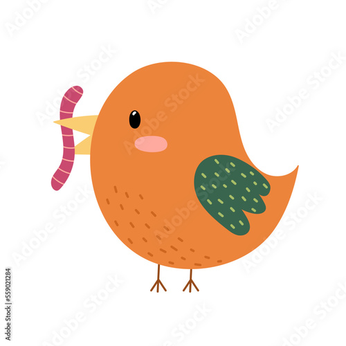 Cute bird eating a worm in cartoon style. Funny character with earthworm in its beak for baby and kids design. Vector illustration