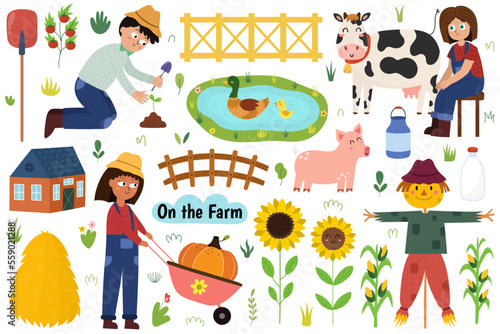 Cute farm animals big set with animals and farmers. Girl milking a cow, boy planting a sprout, pig, duck with duckling on the lake, scarecrow, hay and other objects. Garden and agriculture collection