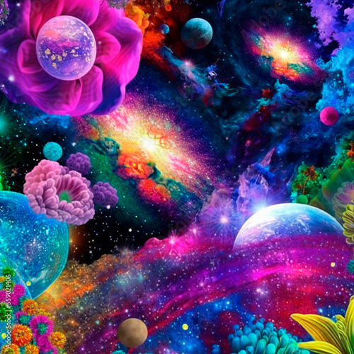 space background with different elements of rainbow colors. High quality illustration