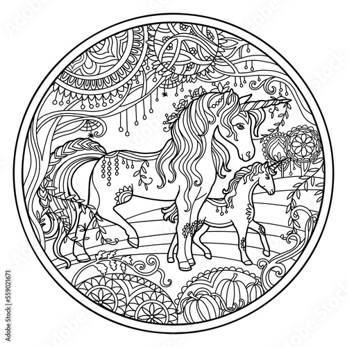 Beautiful unicorn and foal circle coloring vector