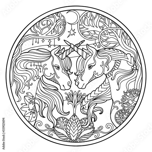 Beautiful unicorn twins circle coloring vector illustration