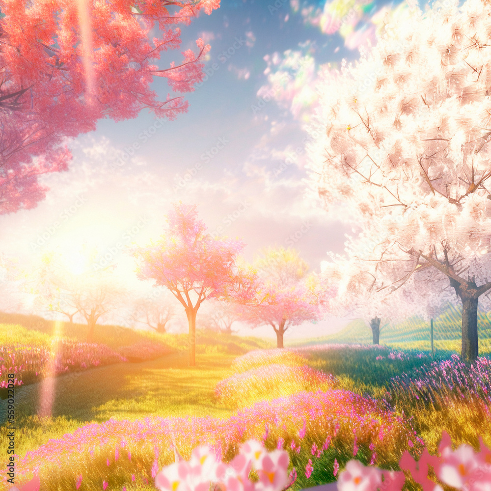 illustration of a fantasy spring world with bright sun and cherry blossoms. High quality illustration