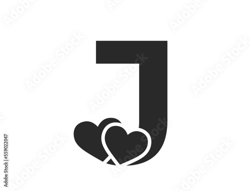 letter j with two hearts. text element for valentine's day design. romantic and love symbol. isolated vector image