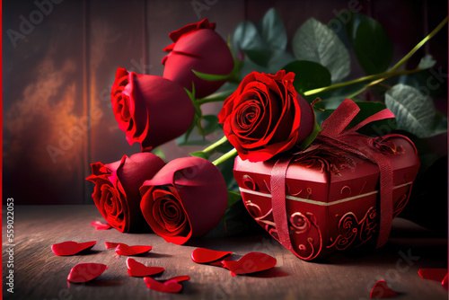 Valentines day romantic background red roses and gift 29 with Generative AI