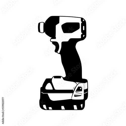 Black icon of impact driver. Vector illustration of modern hand electric drill with battery or cordless multifunction drill and screwdriver, in trendy flat icon style. Editable eps file.
