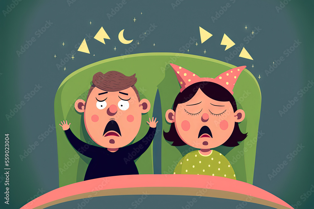 Loud noisy neighbours disturbing unhappy couple in bed. Problems in