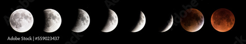 Series of photographs showing progression of Moon phases and Blood Moon eclipse