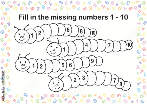 Kindergarten worksheet, fill the missed numbers exercise, vector format, printable